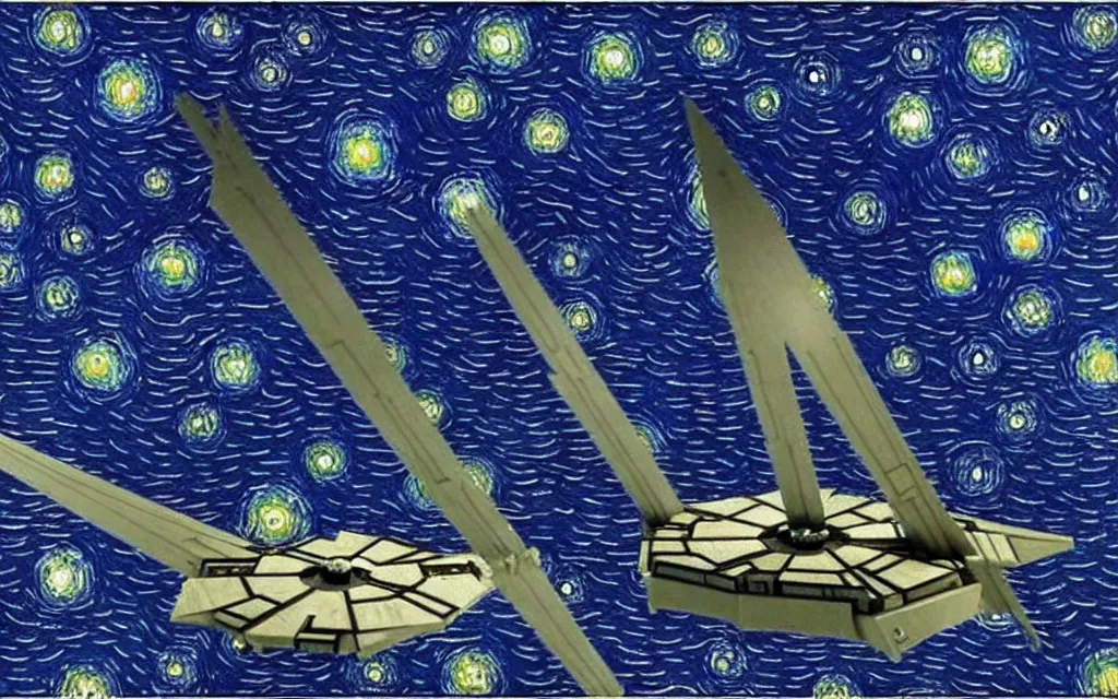 Prompt: star wars star destroyers in the sky of the starry night with by van gogh