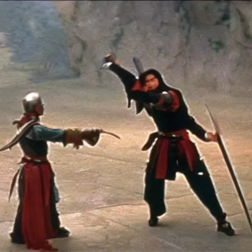 Image similar to xianxia fantasy, french swordsman fighting chinese swordsman, xuanhuan martial artist fighting european knight, chinese swordsman fighting medieval european swordsman, fantasy, wuxia, pseudo - medieval fantasy, cinematic, 1 9 8 6 movie screenshot