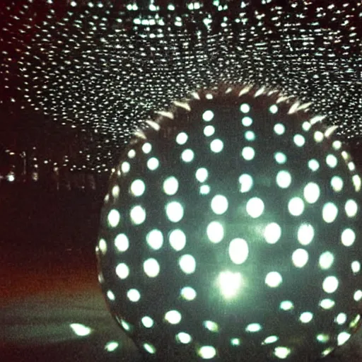 Image similar to a disco ball shaped like a skull full of long spikes, reflecting light in a nightclub, grainy film photograph