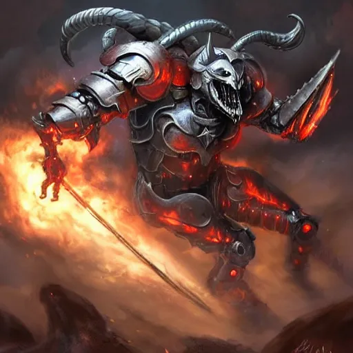 Prompt: a demon defeating a mechanical suit of armor, fantasy, concept art, dramatic, action shot, hyper realistic