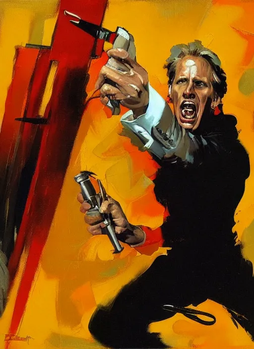 Prompt: howard hamlin, patrick fabian, screaming, pointing, enraged, painting by phil hale, 'action lines'!!!, graphic style, visible brushstrokes, motion blur, blurry