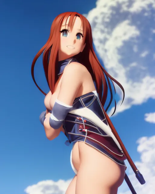 Prompt: pinup photo of asuna from sao, asuna by a - 1 pictures, by gil elvgren, enoch bolles, glossy skin, pearlescent, anime, very coherent, maxim magazine, 3 d, vray, unreal 5, octave rendey, maya
