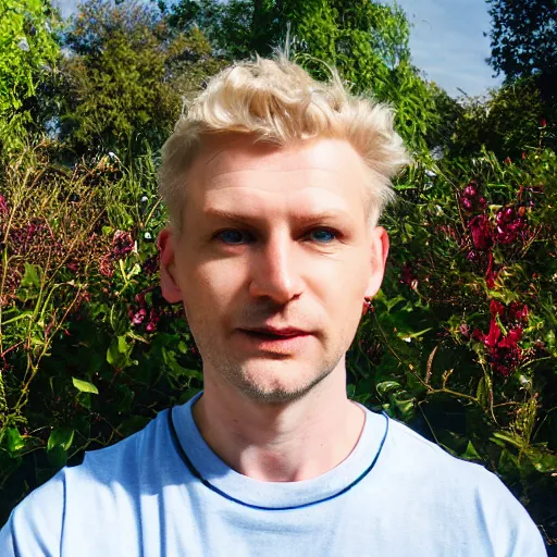 Prompt: photographic portrait of a polish man, 37 years old, short blonde hair in loose curls, small blue eyes, very pale white skin, medium blond stubble, wearing a maroon tight t-shirt and blue jeans, an earring on left ear, thin lips, smirking, posing in a garden, under bright sunlight