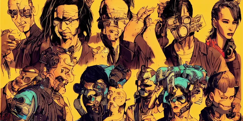 Image similar to cyberpunk heist crew. portrait by stonehouse and mœbius and will eisner and gil elvgren and pixar. character design. realistic proportions. dystopian. cyberpunk 2 0 7 7 character art, blade runner 2 0 4 9 concept art. cel shading. attractive face. thick lines. hi def 4 k. the team. detailed interesting characters. realistic expressive faces.