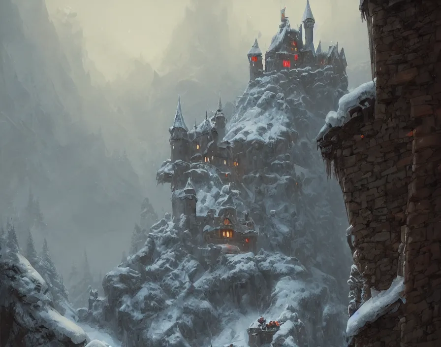 Image similar to a painting of a castle in the middle of a snowy mountain, a detailed matte painting by andreas rocha and greg rutkowski, featured on artstation, fantasy art, matte drawing, matte painting, artstation hq