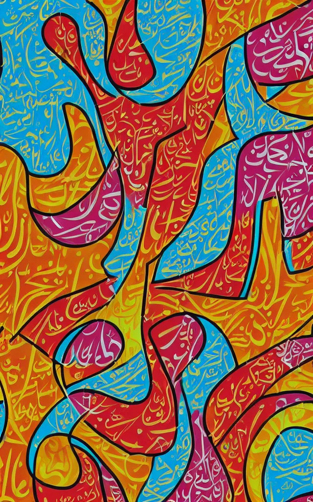 Prompt: colorful arabic caligraphic poster street art style by el seed, yazan halwani,