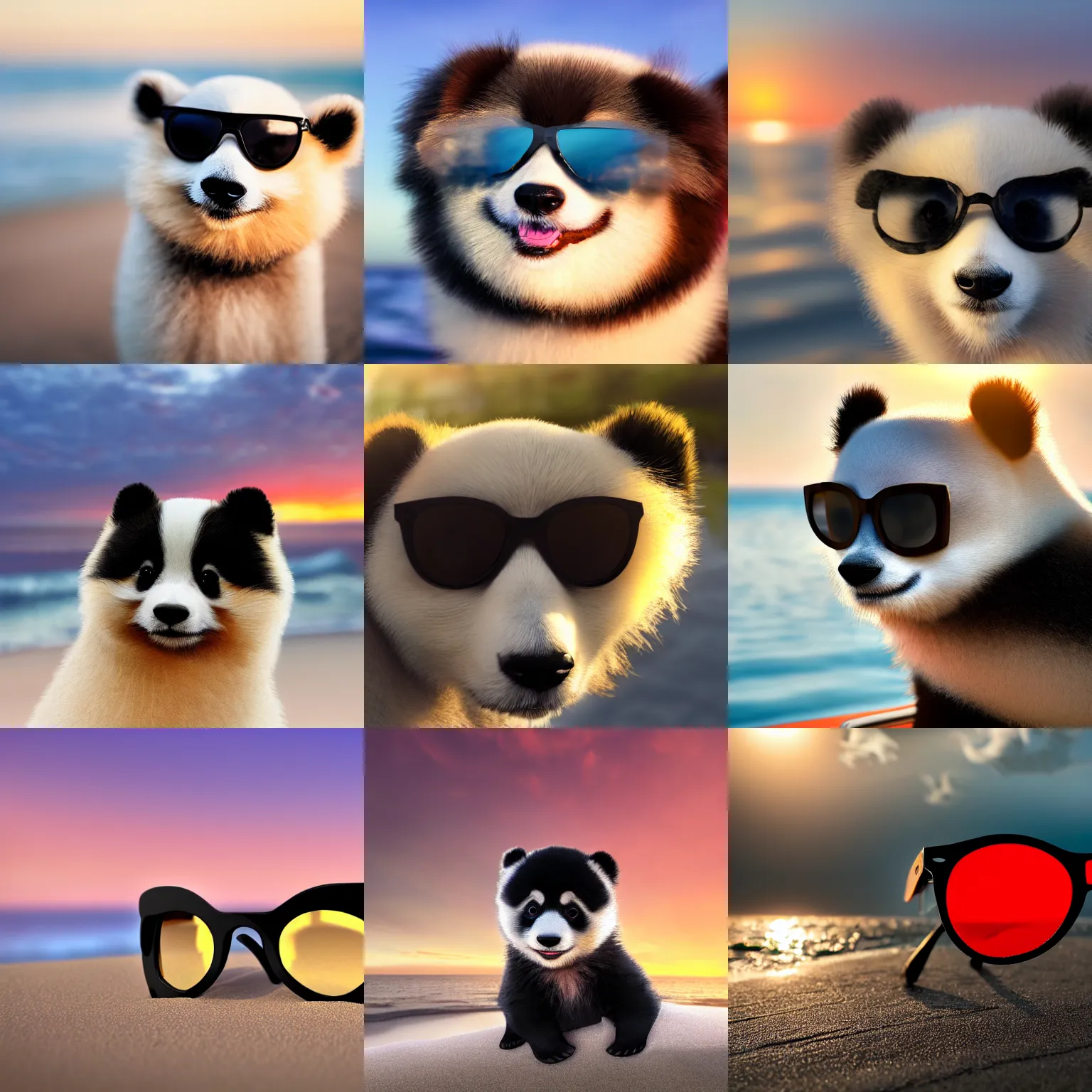 Prompt: a closeup photorealistic photograph of a stylish panda themed Pomeranian puppy wearing sunglasses at the beach during sunset. A yacht floats in the distance. This 4K HD image is Trending on Artstation, featured on Behance, well-rendered, extra crisp, features intricate detail and the style of Unreal Engine.