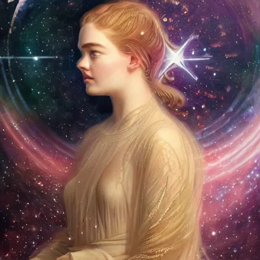 Prompt: a striking hyper real illustration of Elle Fanning in space by Edwin Blashfield