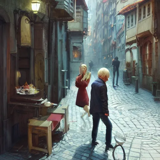 Image similar to a blonde woman & Michael mcintyre searching for food in Porto, greg rutkowski