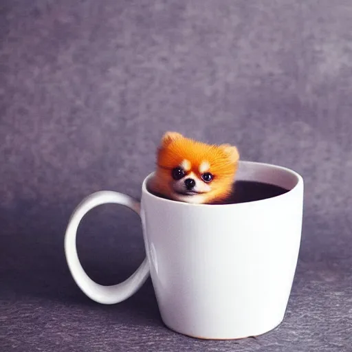 Image similar to extremely tiny pomeranian in a mug