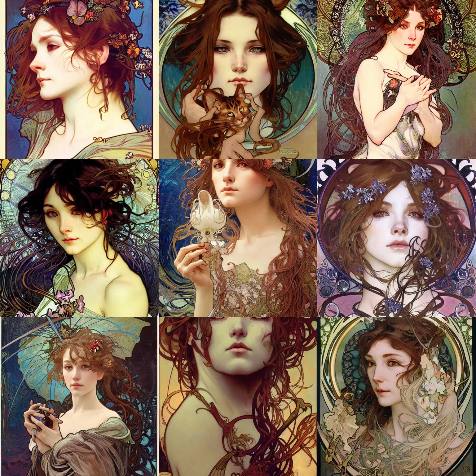 Prompt: realistic detailed face portrait of a cat, by Alphonse Mucha, Ayami Kojima, Amano, Charlie Bowater, Karol Bak, Greg Hildebrandt, Jean Delville, and Mark Brooks, Art Nouveau, Neo-Gothic, gothic, rich deep colors