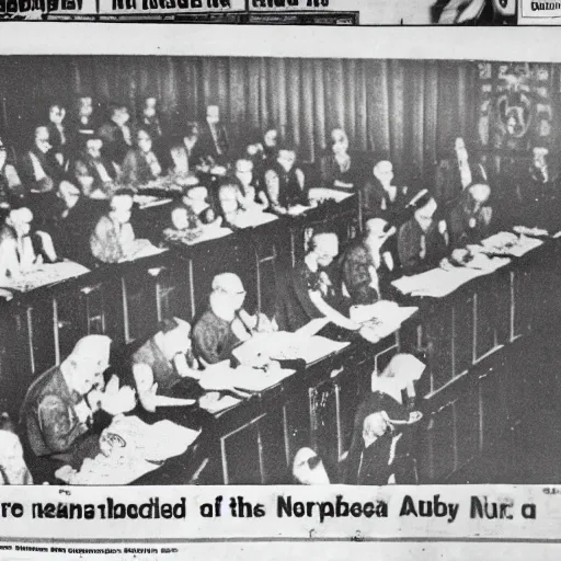 Image similar to pepe the frog at the nuremberg trials, 8k, newspaper photography