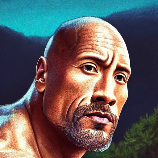 Image similar to clear portrait of dwayne johnson, adorable appearance!!!, golden hour, happy apearance, cottagecore!!, background hyper detailed, character concept, full body, dynamic pose, intricate, elegant, highly detailed, digital painting, artstation, concept art, smooth, sharp focus, illustration, art by artgerm and greg rutkowski and alphonse mucha