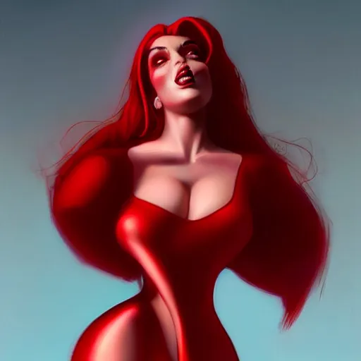 Image similar to realistic jessica rabbit red dress, character headshot portrait, sharp, digital matte painting, art by luis royo, greg rutkowski, wlop, dramatic lighting, trending on artstation