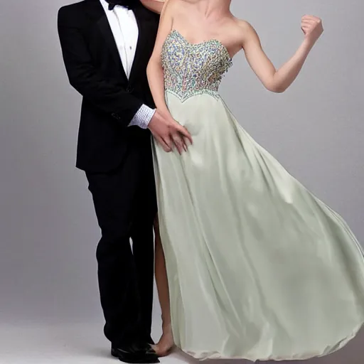 Image similar to A very handsome young man is modeling a beauful and elegant prom dress, made to fit a male body, masculine pose.