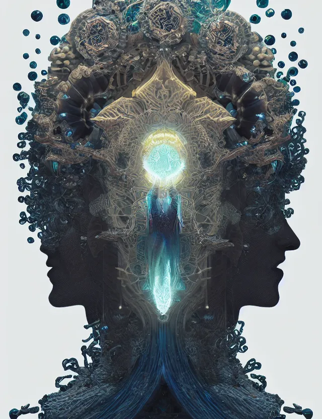 Image similar to symmetrical, centered, goddess close-up portrait wigh crown made of skulls. phoenix betta fish, phoenix, bioluminiscent creature, super intricate ornaments artwork by Tooth Wu and wlop and beeple and greg rutkowski