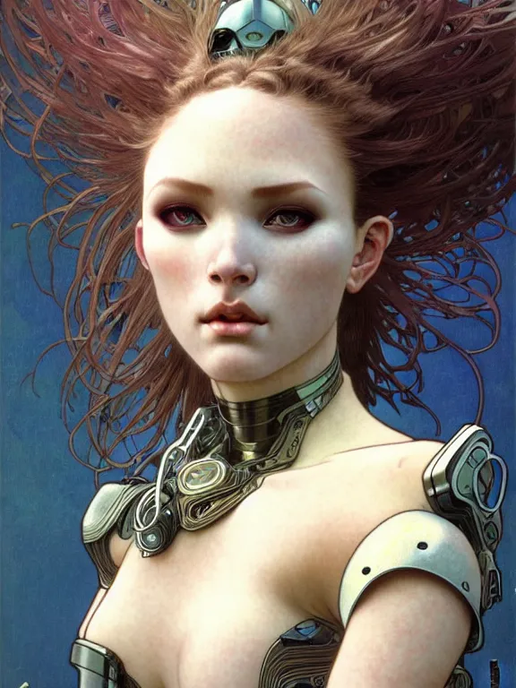 Prompt: realistic detailed face portrait of one divine futuristic heroine with few parts of vikins cyberpunk armor, minimal sleak design armor style, by moebius, alphonse mucha, ayami kojima, amano, greg hildebrandt, and mark brooks, feminine, sexy, female, seductive, art nouveau, cyberpunk, neo - gothic, gothic, character concept design,