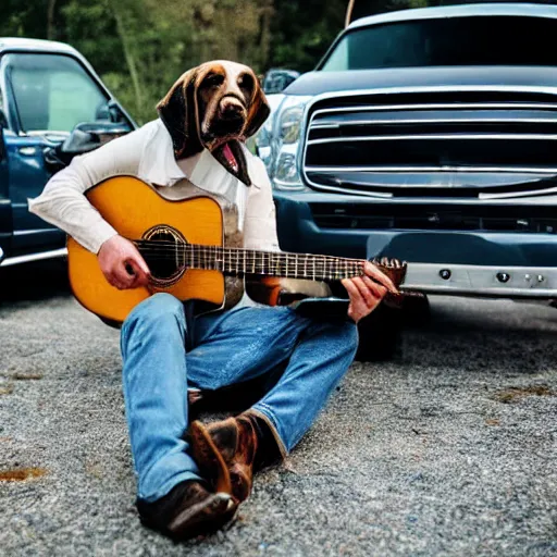 Prompt: A folkpunk hound dog playing the guitar in front of a pickup truck