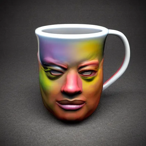 Prompt: a 3 d mug of an ugly mug on a mug, colorful, fantasy,