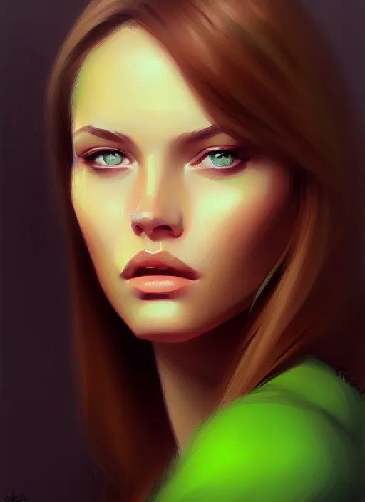 Image similar to portrait of a gorgeous young woman in the style of stefan kostic, green eyes, long brown hair, artstation, concept art