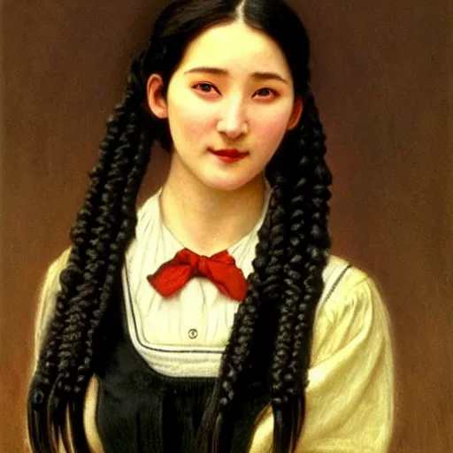 Prompt: a (sadly) ((smiling))) black haired, young hungarian servantmaid from the 19th century who looks very similar to (((Lee Young Ae))) with a two french braids, detailed, soft focus, realistic oil painting by Ferenczy Károly, John Everett Millais, Munkácsy, Csók István, and da Vinci