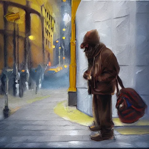 Prompt: homeless man streaming, expressive oil painting, digital art, matte art