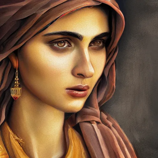 Prompt: Semitic beauty of the beautiful face young mortal woman, dynamic lighting, cinematic, establishing shot, extremely high detail, shining, photo realistic, cinematic lighting, intricate line drawings, 8k resolution, oil painting on canvas