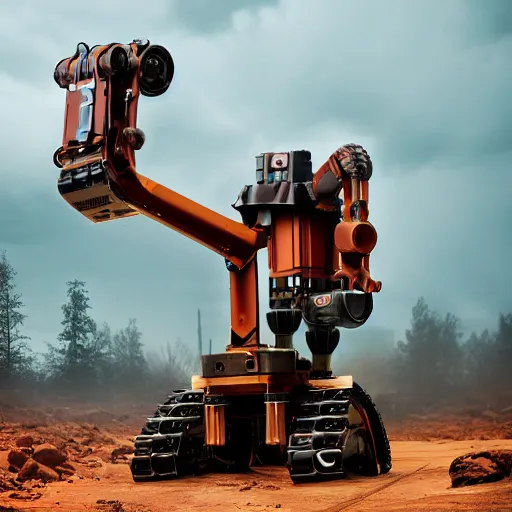 Image similar to giant scary quadrupedal mining robot with drill, four legs, highly detailed body, retro, industrial, dark, dystopian, apocalyptic, clean, in the style of simon stalenhag, 8 5 mm f / 1. 4