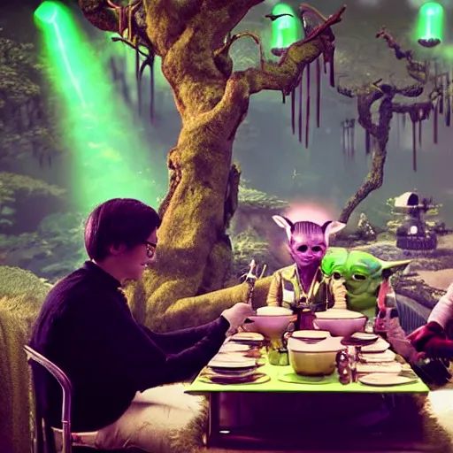 Prompt: green johnny dep with yoda ears at a tea party with c 3 po, greg rutkowski and jason chan highly detailed cinematic lighting octane render unreal engine