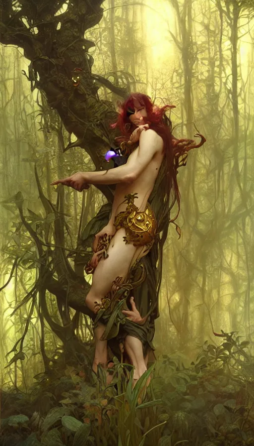 Prompt: consciousness concept art, male, lush forest, magic, gnarly details, gold, gems, dramatic lighting, denoised, painted by tom bagshaw, alphonse mucha