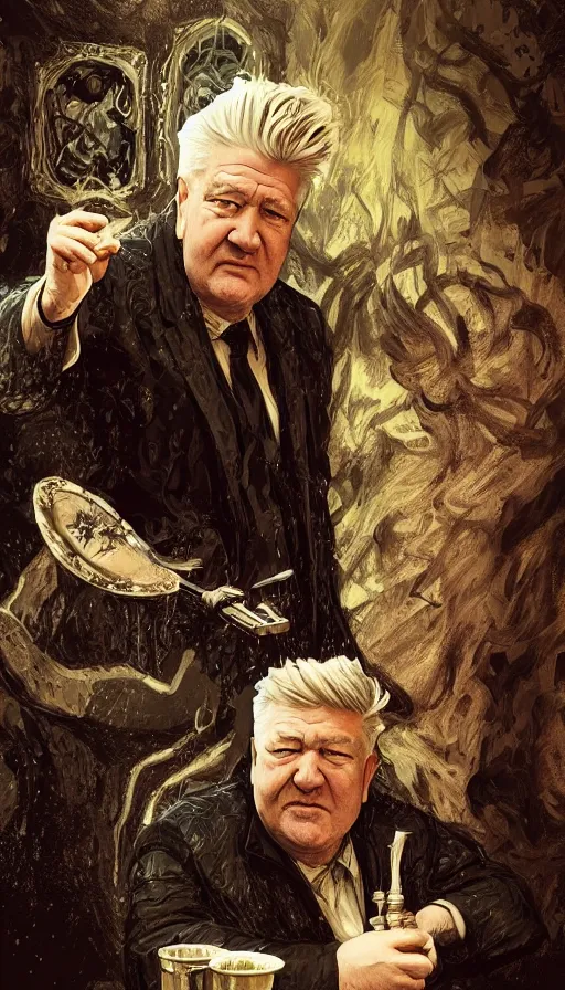 Prompt: david lynch as fat drunk tavern owner, fame of thrones, warhammer, fibonacci, sweat drops, intricate fashion clothing, insane, intricate, highly detailed, surrealistic, digital painting, artstation, concept art, smooth, sharp focus, illustration, unreal engine 5, 8 k, art by artgerm and greg rutkowski and alphonse mucha