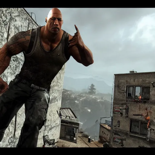 Image similar to dwayne the rock johnson, dwayne the rock johnson in the call of duty zombies map der reise, black ops 2 der reise, screenshot