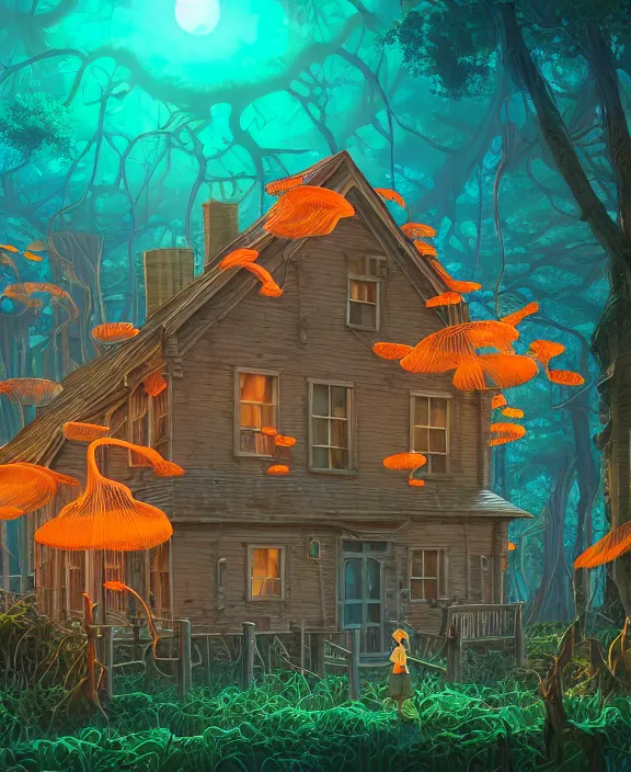 Prompt: an enormous schoolhouse made from jellyfish, overgrown with huge colorful exotic fungus, deep in the woods, noon, sun drenched, partly cloudy, by dan mumford, yusuke murata, makoto shinkai, ross tran, cinematic, unreal engine, cel shaded, featured on artstation, pixiv