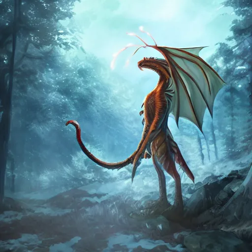 Image similar to cute anime dragon in cold forest, dnd character, background focus, fantasy, lizard legs, magic, realistic textured skin, big lizard head, eagle feather, eagle wings, glowing eyes, clear clean, byartgem, boris valejo, alexandra fomina artstation, by makoto shinkai, digital painting, beautiful