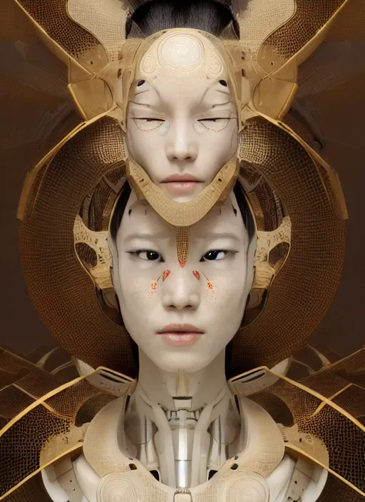 Image similar to portrait of a futuristic geisha cyborg, kintsugi, modern fine art, fractal, intricate, elegant, highly detailed, digital photography, subsurface scattering, by jheronimus bosch and greg rutkowski,