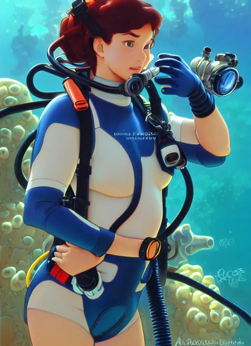 Image similar to cute scuba diver, natural lighting, path traced, highly detailed, high quality, digital painting, by don bluth and ross tran and studio ghibli and alphonse mucha, artgerm