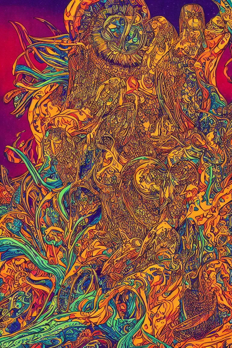 Image similar to beautiful colorful hyperrealist highly detailed psychedelic music poster'ladies and gentleman the electric owls live at the fillmore ', psychedelic art nouveau, beautiful high contrast colored wood engraving, moebius comic style, shocking detail trending on artstation 8 k