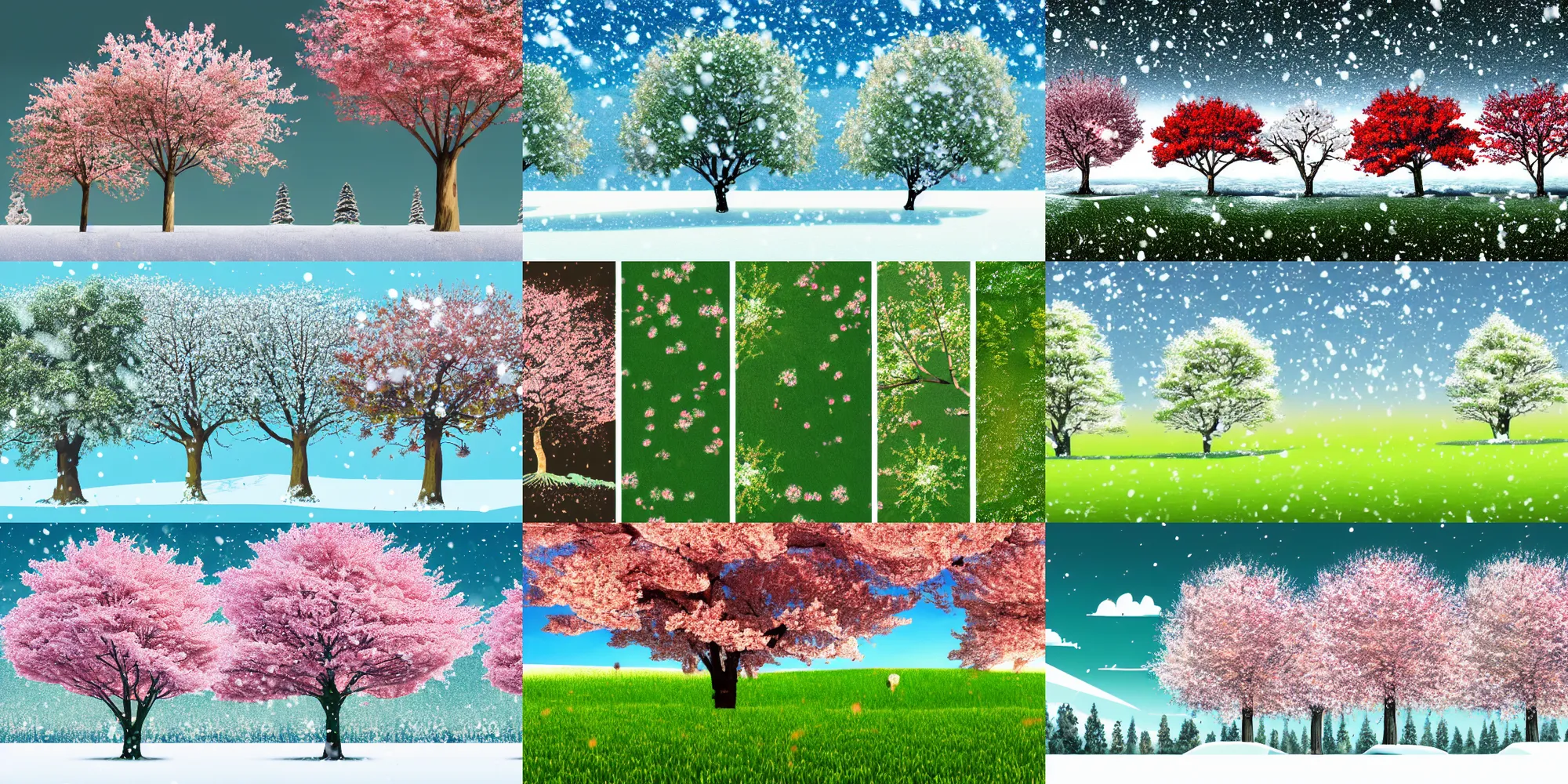 Prompt: a single illustration of four trees, one tree with blooming cherry blossoms in the spring in a lush green meadow, one tree with green leaves in the summer in lush green meadow, one tree red leaves in the autumn with leaves covered meadow, and one tree covered in snow in the winter with snow covered plains, cinematic, ultra detailed, intricate, sharp focus, digital illustration