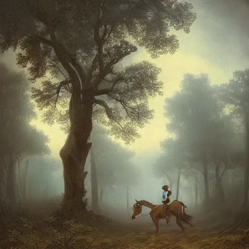 Prompt: “a is boy riding a mule being lead through the scary woods by an old man, lots of oak twisted trees, overhanging branches, oil painting, night, atmospherics, volumetric, fog, detailed”