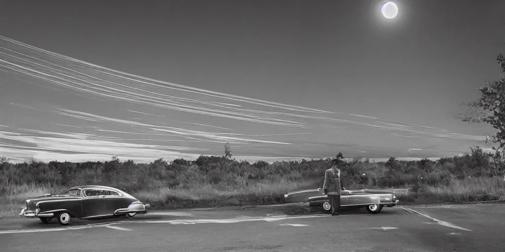 Image similar to detailed sharp photograph in the style of popular science circa 1 9 5 5 and gregory crewdson of a 1 9 5 0 s drive in summer night