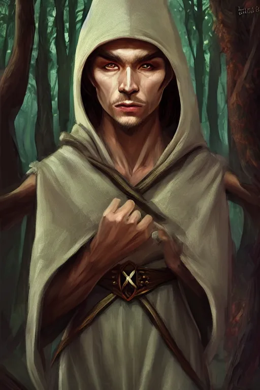 Image similar to beautiful, digital art, portrait painting of a male elf wizard, wearing linen hooded cloth. forest background. artstation, by bartek fedyczak, erak note, tooth wu, neil richards, kan liu, siwoo kim, jisu choe