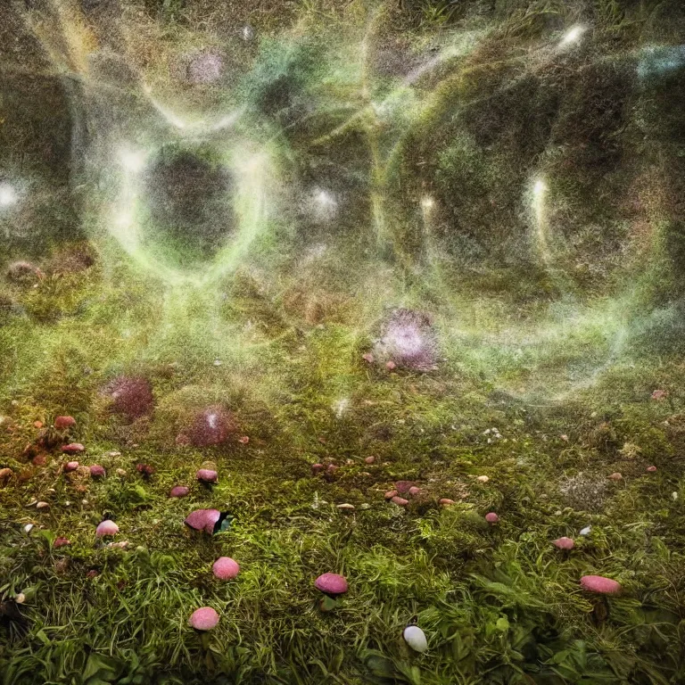 Image similar to a planet of various fungus, mushrooms, flowers and plants, inside the picture is infinity, Atmospheric, artistic photography, conceptual, long exposure outside the city, volumetric light