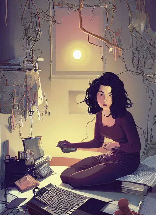 Image similar to poster artwork by Michael Whelan, Bob Larkin and Tomer Hanuka, Karol Bak of musical hero Bjork, sitting at her laptop, recording a new song, simple illustration, domestic, nostalgic, from scene from ghibli, clean