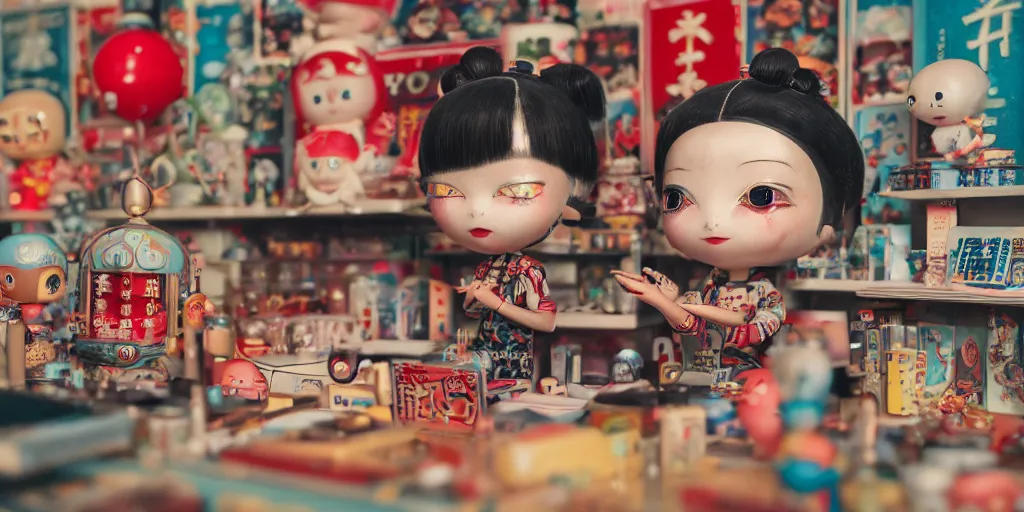 Image similar to closeup portrait of tin toy retro tokyo corner store, depth of field, zeiss lens, detailed, centered, photoshoot, by nicoletta ceccoli, mark ryden, lostfish, breathtaking, 8 k resolution, extremely detailed, beautiful, establishing shot, artistic, hyperrealistic, octane render, - h 8 0 4