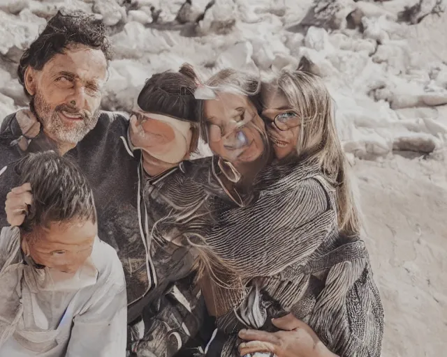 Prompt: happy father, mother, son, daughter, pose portrait on beach, photogenic face