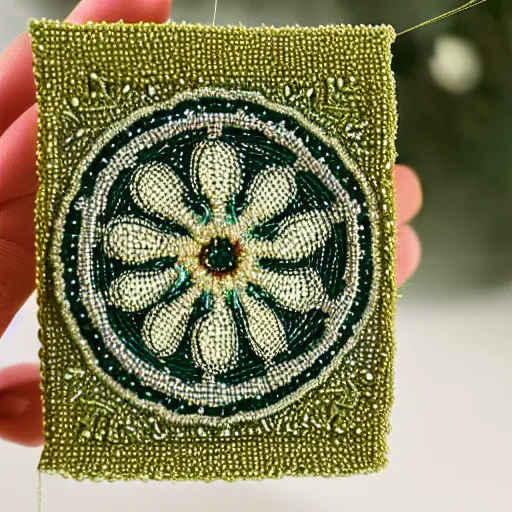 Image similar to a detailed product photograph of a little symmetrical intricately embroidered enchantment that represents abundance and playfulness and that friday feeling, made with tiny delica beads and glitter thread and herbs, organic olive green tones, light leaks