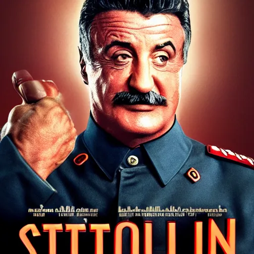 Image similar to Sylvester Stallone as Stalin, modern movie poster, highly detailed, 8k