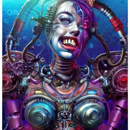 Image similar to underwater cosmic fractal biopunk giger portrait of harley quinn, pixar style, by tristan eaton stanley artgerm and tom bagshaw.