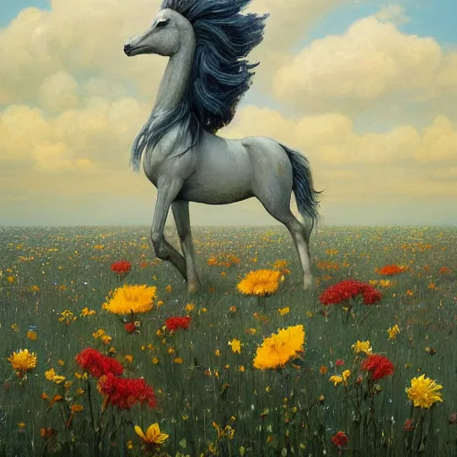 Prompt: a pegasus standing in the middle of a dark field of wilted flowers oil painting by esao andrews. painting. gloomy. brush strokes. trending on artstation.