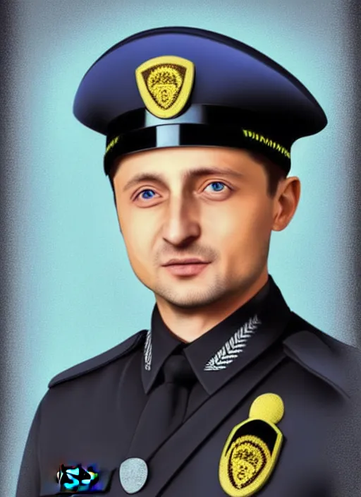 Prompt: volodymyr zelenskyy wearing a police uniform, digital art